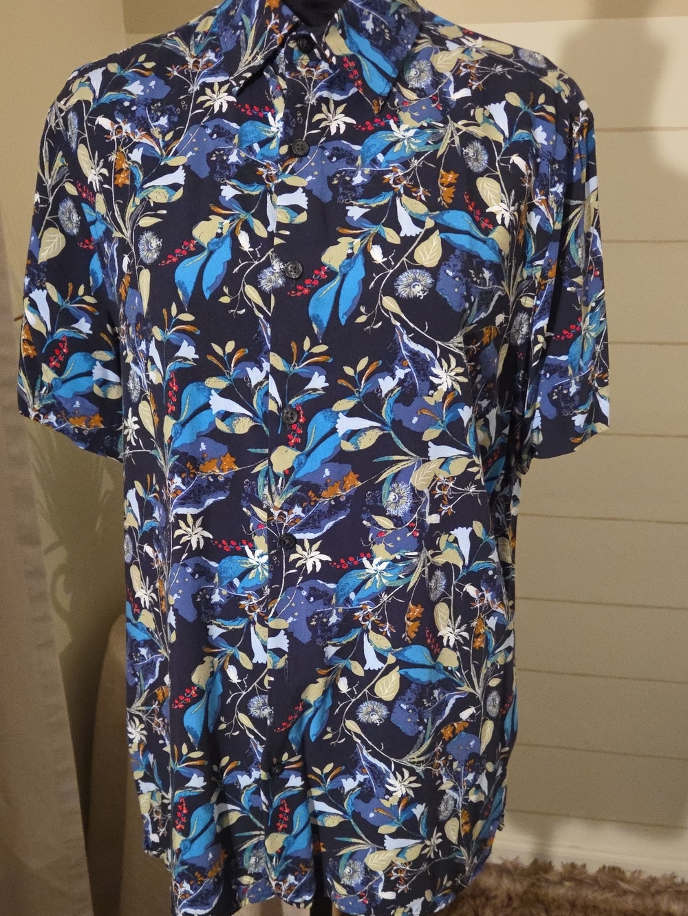 Perry Ellis Blue Floral Button Down SS Shirt Tropical Resortware Boho Vacation M
